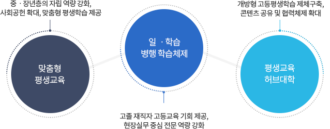 일 ㆍ학습 병행 학습체제:고졸 재직자 고등교육 기회 제공,현장실무 중심 전문 역량 강화. 맞춤형 평생교육:중ㆍ장년층의 자립 역량 강화ㆍ사회공헌 확대 맞춤형 평생학습 제공. 평생교육 허브대학:개방형 고등평생학습 제체구축,콘텐츠 공유 및 협력체제 확대.