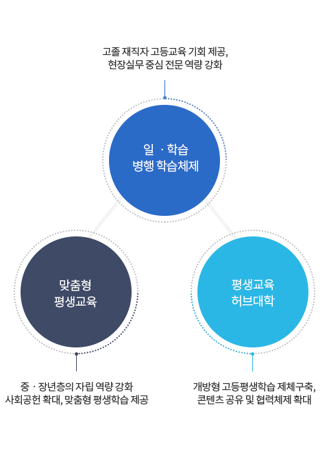 일 ㆍ학습 병행 학습체제:고졸 재직자 고등교육 기회 제공,현장실무 중심 전문 역량 강화. 맞춤형 평생교육:중ㆍ장년층의 자립 역량 강화ㆍ사회공헌 확대 맞춤형 평생학습 제공. 평생교육 허브대학:개방형 고등평생학습 제체구축,콘텐츠 공유 및 협력체제 확대.